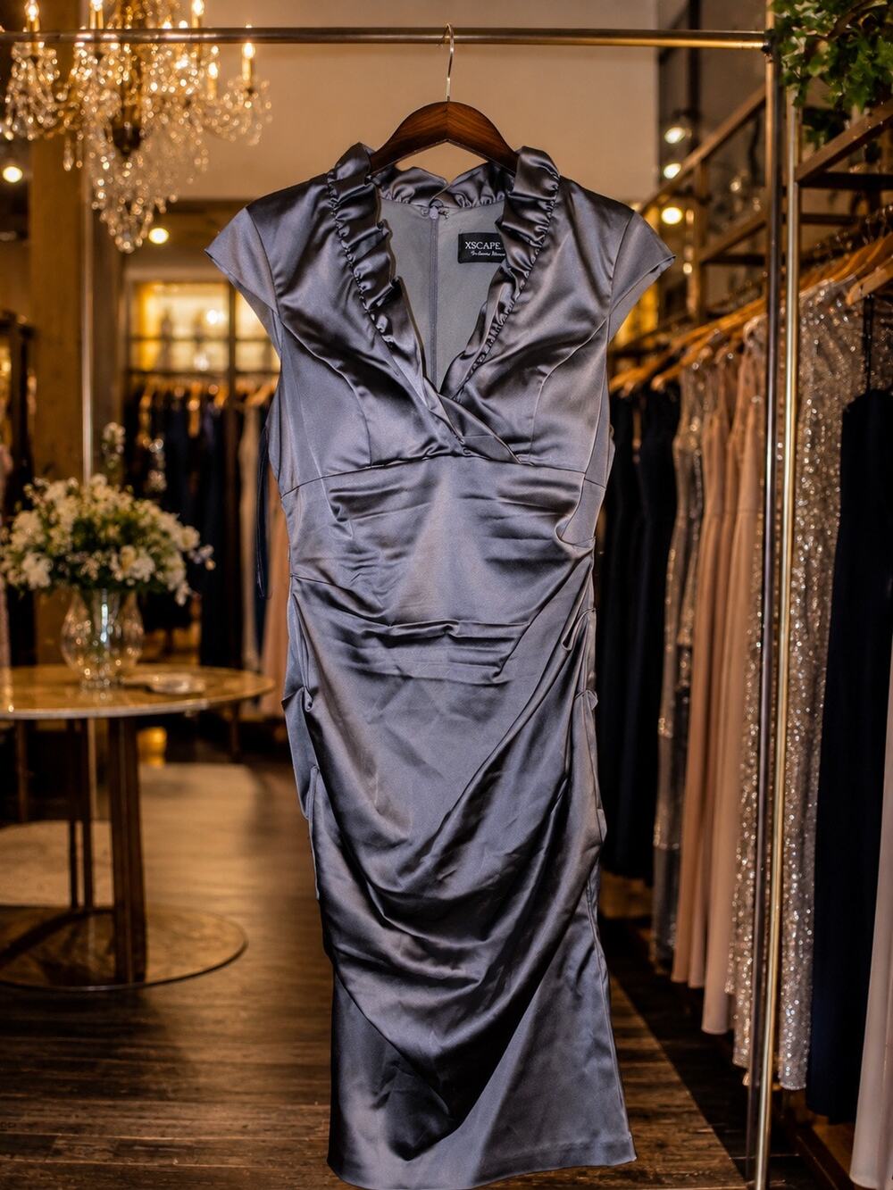 Xscape Gray Gunmetal Satin Ruched Ruffle Cocktail Dress – Size 10 Prom NYE Party